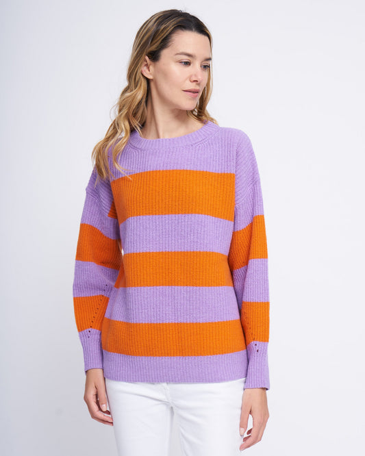 Col rond rayé surdimensionné pour femme en tricot côtelé 100 % pure laine vierge en lilas et orange | Brunella Gori